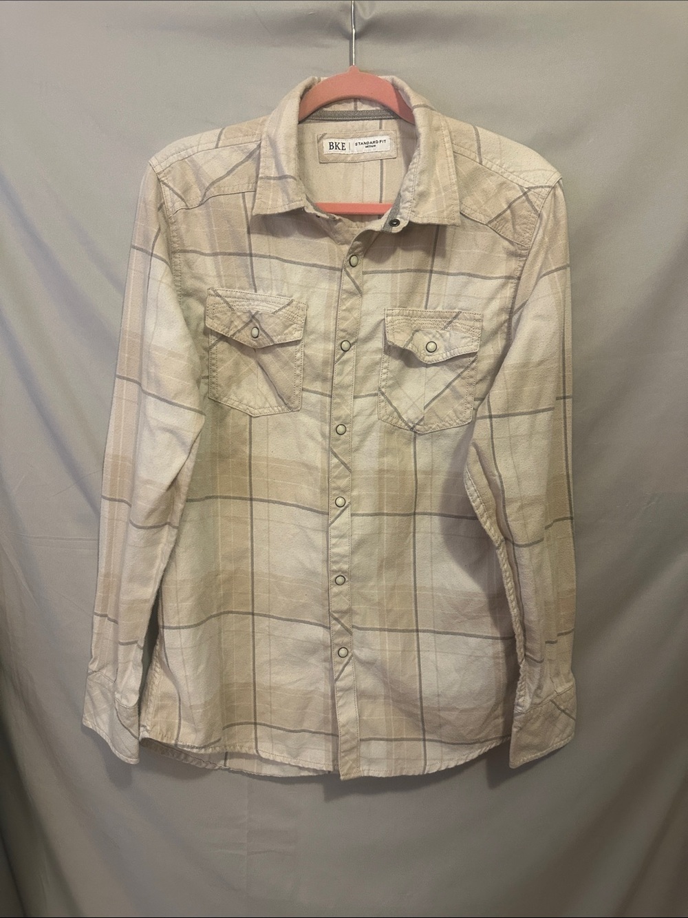 BKE Neutral Plaid Snap-Front Shirt in Cream and Tan